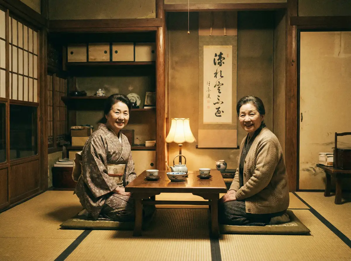 两位优雅的 优德w88体育app 在日式茶室中品茶交谈
